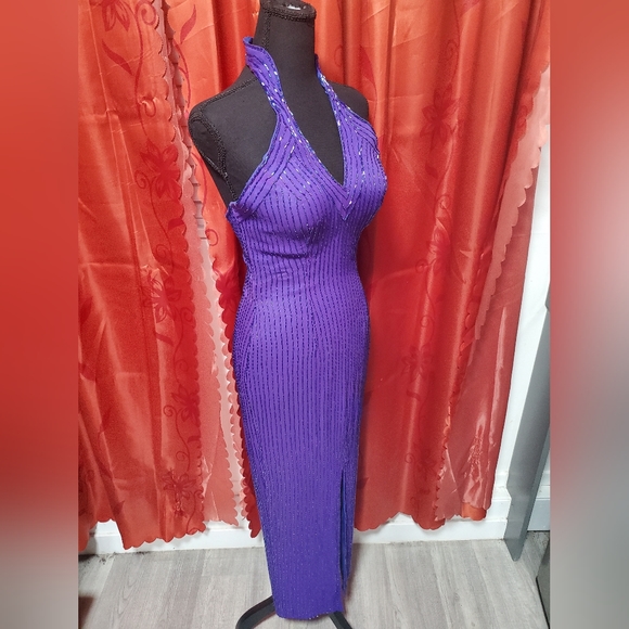 Vintage Purple Beaded Silk Halter Gown Cocktail Dress sz 4 - Picture 8 of 13